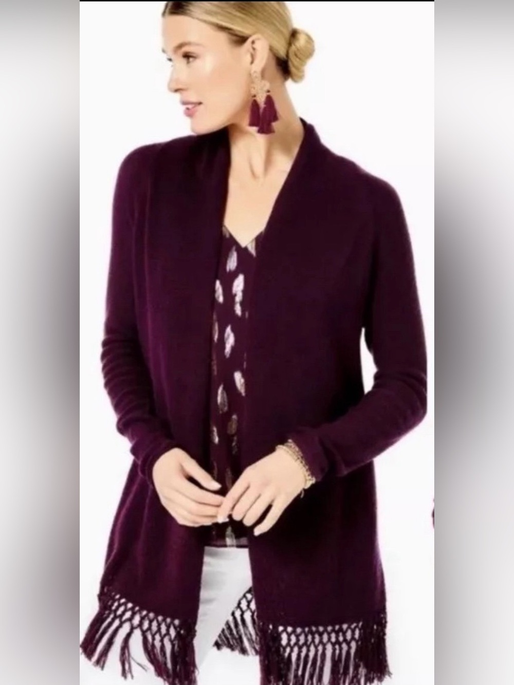 Lilly Pulitzer Tatum Fringe Open Cardigan Cherry Ganache Sz Small Fall